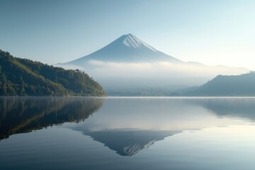 Volcanic Mountain in Morning Light Reflected in Calm Waters of Lake.