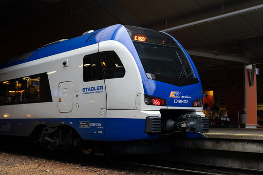 PKP Intercity Stadler Flirt 3 ED160 passenger multiple unit trainset. Polish state railways long-distance express train at Cracow Main Railway Station on January 28, 2024 in Krakow, Poland.