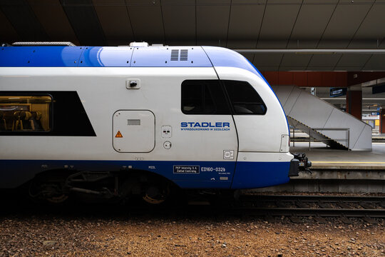 PKP Intercity Stadler Flirt 3 ED160 passenger multiple unit trainset. Polish state railways long-distance express train at Cracow Main Railway Station on January 28, 2024 in Krakow, Poland.