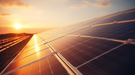 Solar panels on a field during sunset, eco-friendly energy - obrazy, fototapety, plakaty