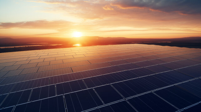 Solar panels on a field during sunset, eco-friendly energy