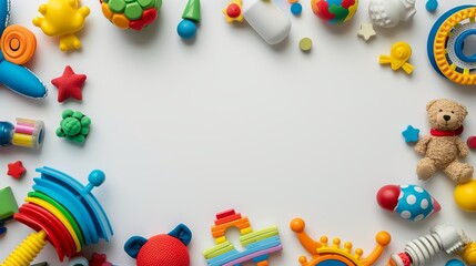 Kids toys frame on white background. Top view. Flat lay. Copy space for text 