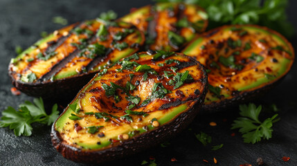Grilled avocado with herb parsley. - 725459657