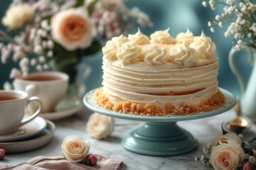 Obraz na płótnie Canvas Apple cheesecake on cake stand and cup of tea. White background.