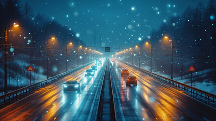 Highway at night with a car lights. - obrazy, fototapety, plakaty