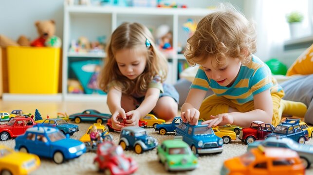 Little toddler boy and girl playing with model car collection on the floor. Transportation and rescue toys for children. Toy mess in child room. Many cars for little boys. Educational games for kids.