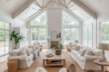 White Modern Farmhouse Living Room with Vaulted Ceilings Design Ideas