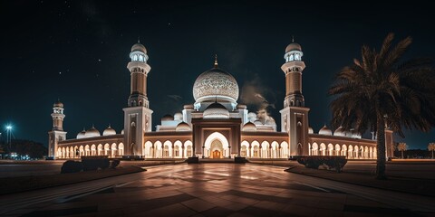 Fototapeta na wymiar The beautiful serene mosque at night in the blessed month of ramadan the illuminated mosque at night 