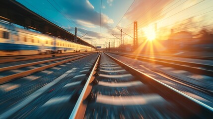 Railroad in motion at sunset. Railway station with motion blur effect against colorful blue sky, Industrial concept background. Railroad travel, railway tourism. Blurred railway. Transportation - obrazy, fototapety, plakaty