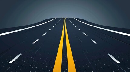 Race road to horizon. Asphalt roads, highway turn and curve long way. Vector includes white stripes and two yellow lines road markings  - obrazy, fototapety, plakaty