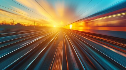 Railroad in motion at sunset. Railway station with motion blur effect against colorful blue sky, Industrial concept background. Railroad travel, railway tourism. Blurred railway. Transportation