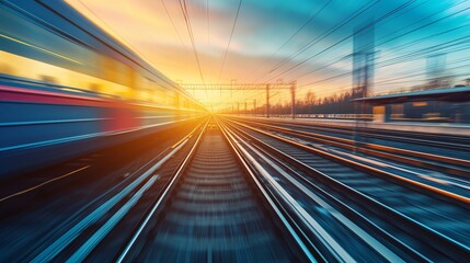 Fototapeta na wymiar Railroad in motion at sunset. Railway station with motion blur effect against colorful blue sky, Industrial concept background. Railroad travel, railway tourism. Blurred railway. Transportation