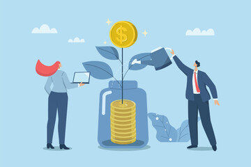 Return on investment or interest on deposits, Wealth from savings, Corporate financial management concepts, Businessman is watering a growing money plant and is issuing coins. Vector design