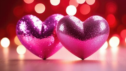Obraz premium Two pink hearts shaped on bokeh abstract background . 3d. The symbol of love is Valentine's Day.