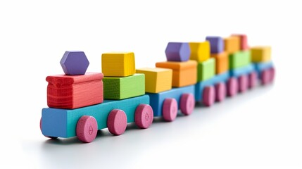 Stacking Train Toddler Toy for little children, isolated on white background with shadow reflection. Baby train made of wooden geometric blocks. Colorful wooden stacking train for kids on white