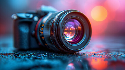 Closeup view of camera lens.