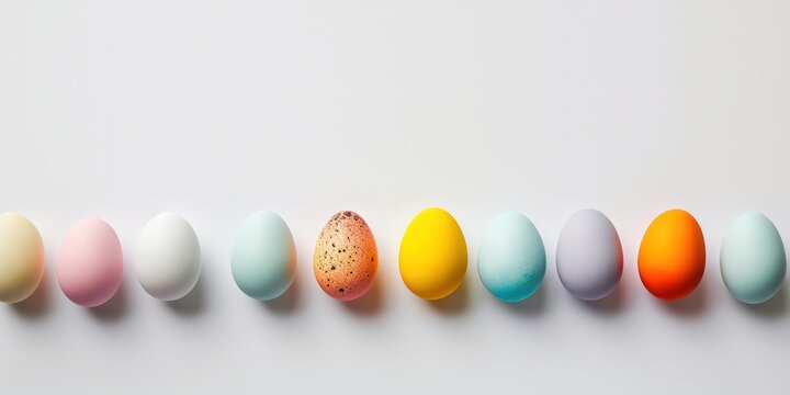 Closeup A row of Easter eggs elegantly lines up against a pristine soft background, embodying a minimalistic Easter concept. 