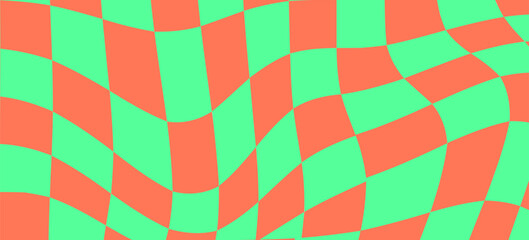 Twisted checkered colorful background.Distorted geometric background in vintage psychedelic y2k style.