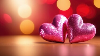 Fototapeta premium Two pink hearts shaped on bokeh abstract background . 3d. The symbol of love is Valentine's Day.