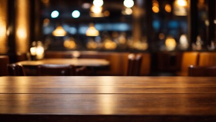 empty wooden tabletop on the background of a cozy cafe, restaurant. background. photo for background