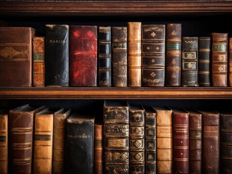vintage leather books on old wooden shelf.  - Powered by Adobe