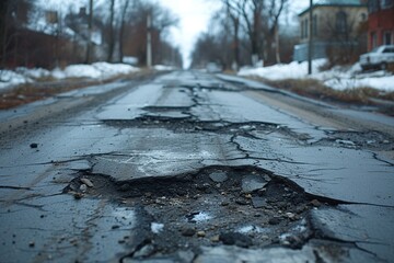 A worn-out urban road with numerous potholes highlights infrastructure neglect, posing risks to vehicles and pedestrians and calling for immediate repair - obrazy, fototapety, plakaty