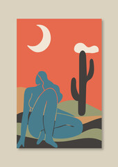 A minimalist design cover featuring a woman sitting in a desert area at midnight.