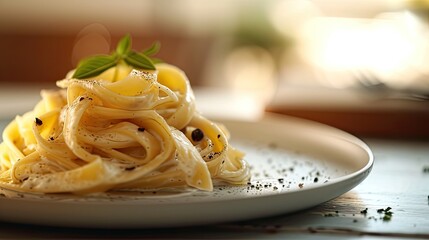 Mouthwatering pasta, delicate folds of pasta and earthy, uneven surface of fettuccine and truffle.