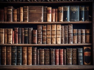 vintage leather books on old wooden shelf. 