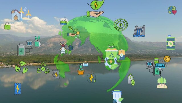 Green forest aerial view and environmental technology concept. Green tech. Ecology. Green transformation. GX. SDGs. High quality 4k footage