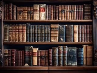 vintage leather books on old wooden shelf. 