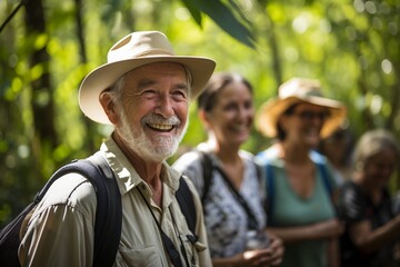 A group of seasoned hikers, including retirees and elderly tourists, enjoying the outdoors for fitness and recreation - obrazy, fototapety, plakaty