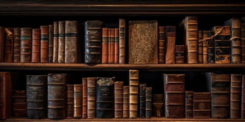 vintage leather books on old wooden shelf. 