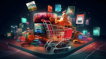 Online shopping concept. Shopping cart with goods and icons. 3d illustration - obrazy, fototapety, plakaty