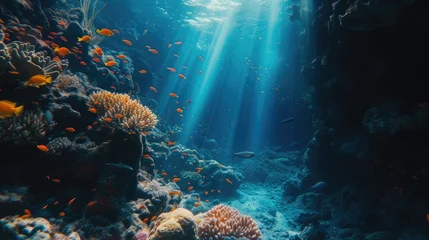 Foto op Plexiglas Colorful underwater world, details of coral reef, colorful fish and dark blue ocean © Светлана Канунникова