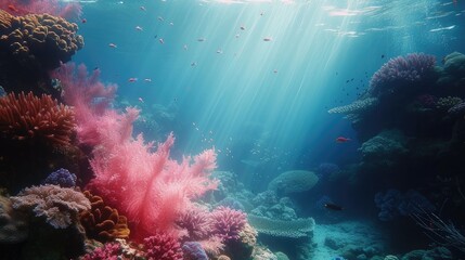 Fototapeta na wymiar Colorful underwater world, details of coral reef, colorful fish and dark blue ocean
