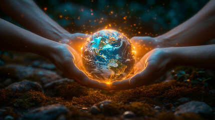 People hands coming together over a digital earth. - obrazy, fototapety, plakaty