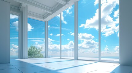 View from the house through floor-to-ceiling glass windows to the blue sky