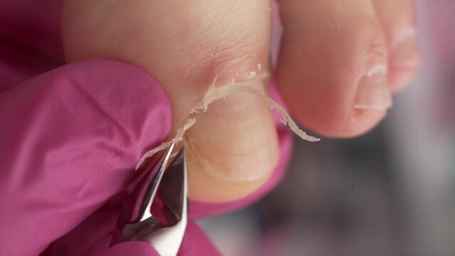 Pedicure master doing pedicure procedure for women, nipping cuticles with nippers
