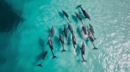 Awe-Inspiring Aerial View of Harmonious Dolphin Pod AI Generated.