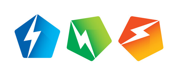 pentagon and lightning symbol. blue, green and red lightning symbols
