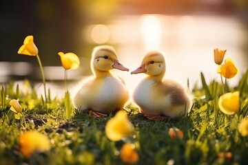 Adorable ducklings on green grass with plenty of space for copy - outdoor wildlife photography - obrazy, fototapety, plakaty