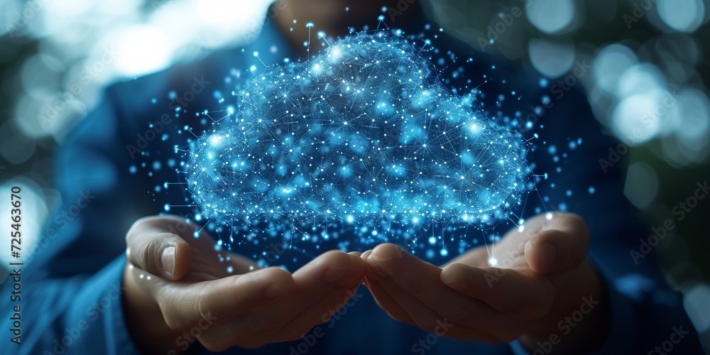 Poster cutting-edge networking concept: a hand connects to a futuristic cloud, symbolizing global data exch