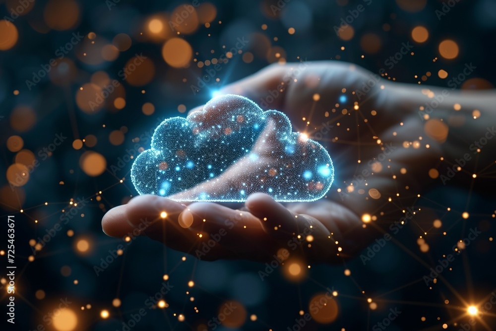 Poster digital networking concept: a hand connects to a cloud, symbolizing technological innovation and glo