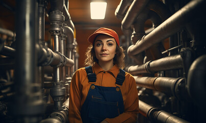 A female technical plumber inspects a high-pressure pipeline inside a refinery.