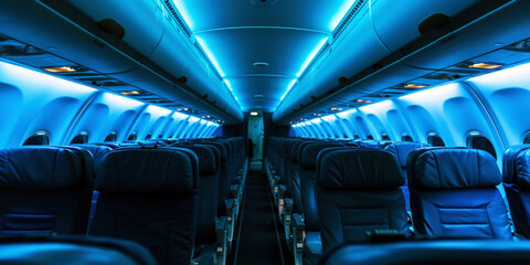 Interior empty cabin of a passenger civil aircraft, illuminated at night. Generative AI