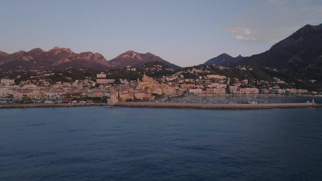Old town Menton on French Riviera, France. Drone aerial view over Menton Provence Cote d Azur.
