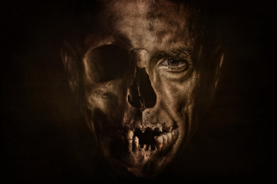 Portrait of a man's face merging with a skull representing life and death