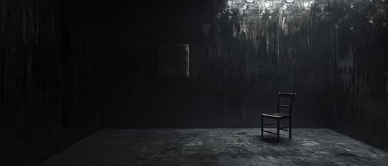 A studio engulfed in pitch-black darkness, with textured charcoal walls creating a sense of...