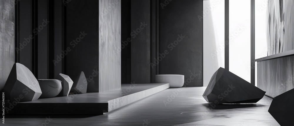Poster a studio room with a matte black abstract space, featuring minimalistic geometric sculptures that cr